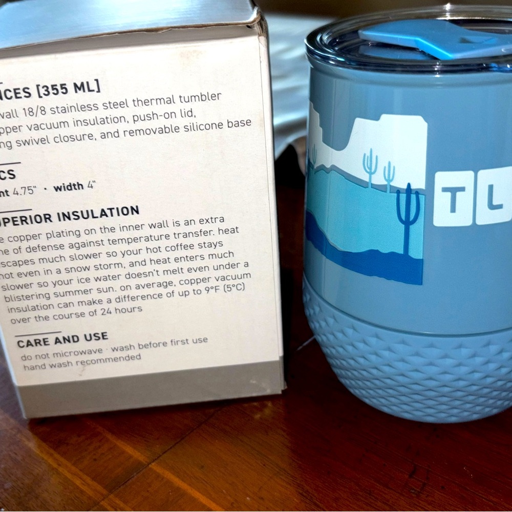 NEW STAINLESS STEEL 12oz Blue Tumbler with Cactus Design in box